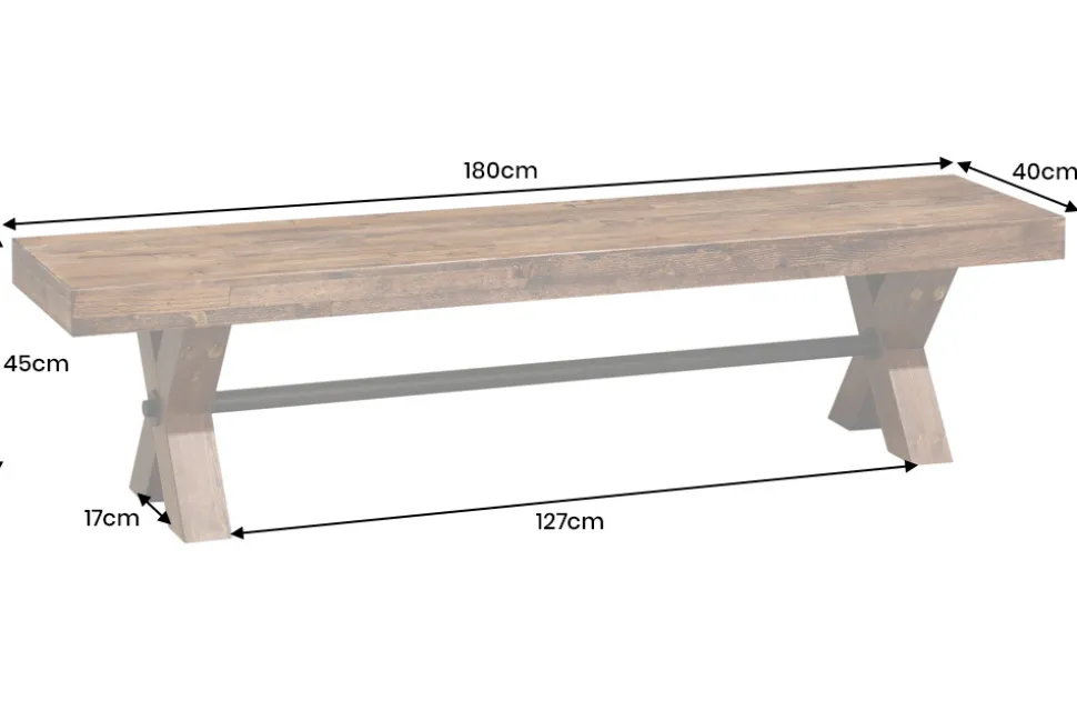 Industrial Bank GOLIATH 180cm natur Pinienholz X-Gestell schwarz Metall