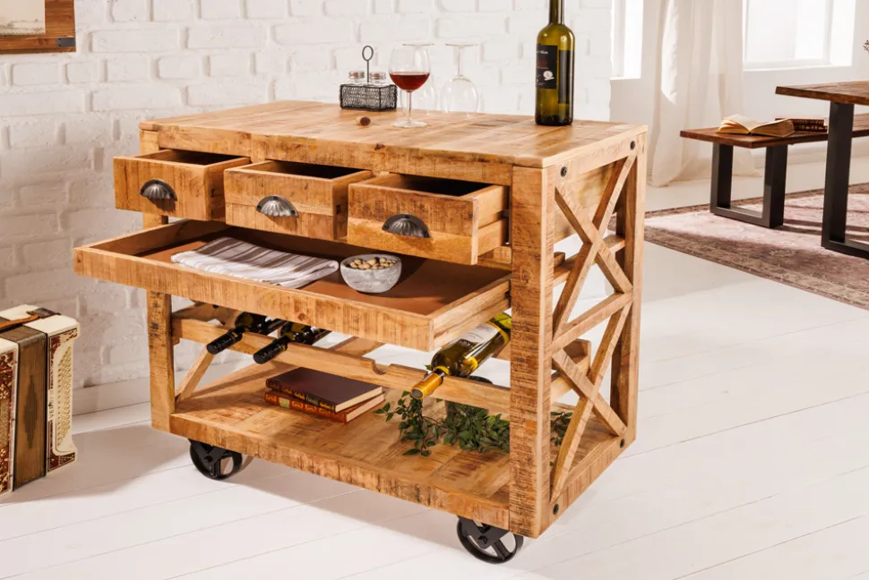 Industrial Barschrank BODEGA 86cm Mangoholz Servierwagen mit Weinregal