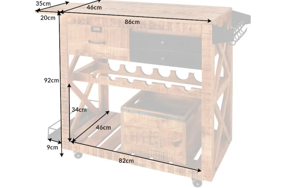Industrial Barschrank BODEGA 86cm Mangoholz Servierwagen mit Weinregal und Aufhängung