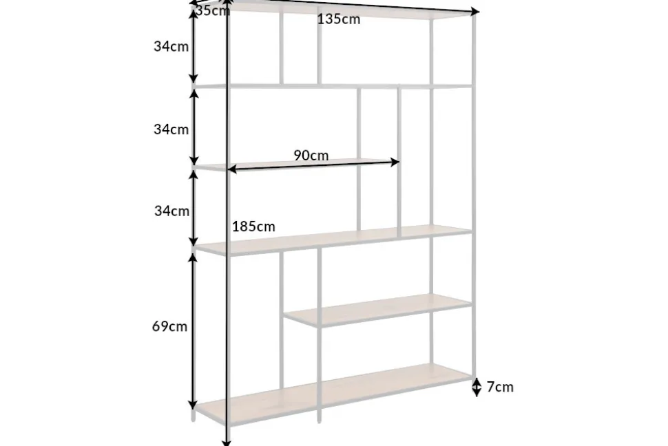 Industrial Bücherregal SLIM LINE 185x135cm Wildeiche schwarz sechs Regalböden