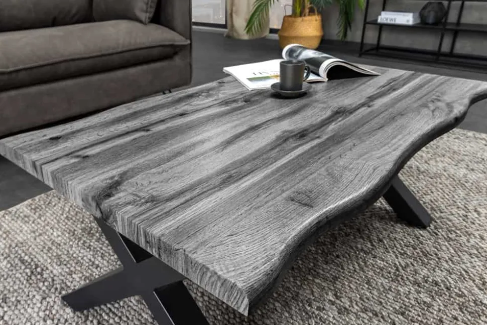 Industrial Couchtisch WILD 90cm grau Wildeichen-Design schwarz Metall Baumkante