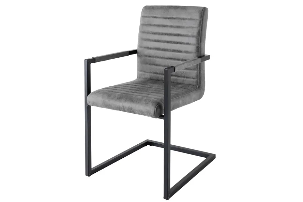 Industrial Freischwinger Stuhl LOFT vintage grau Microfaser mit Armlehne Eisengestell