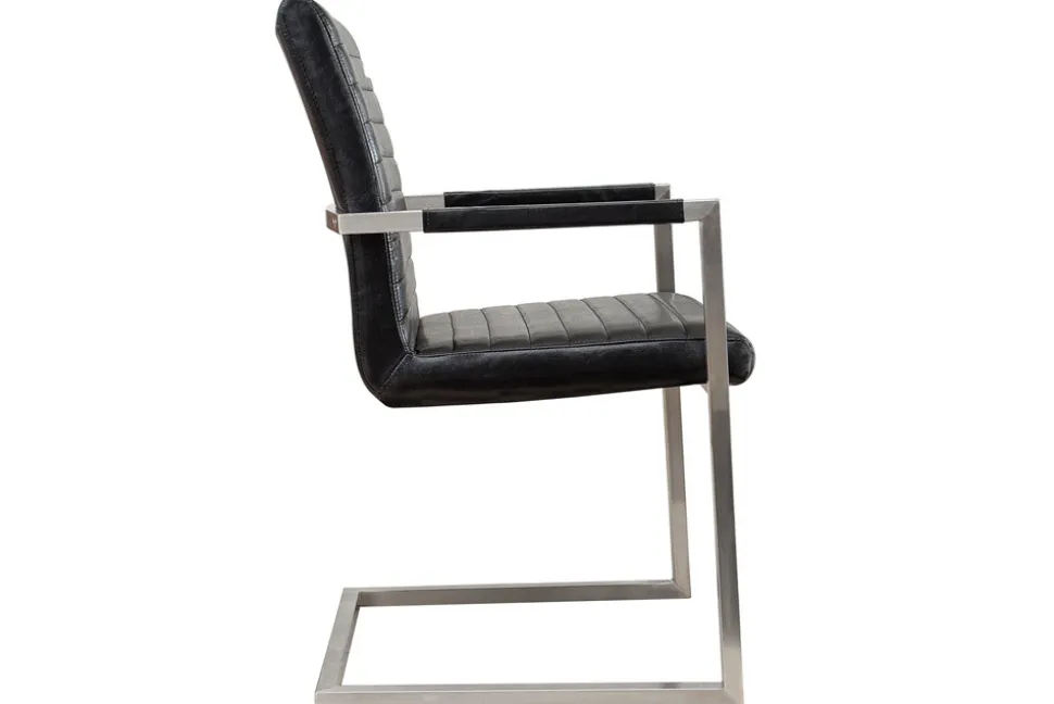 Industrial Freischwinger Stuhl LOFT antik schwarz Kunstleder mit Armlehne Edelstahl