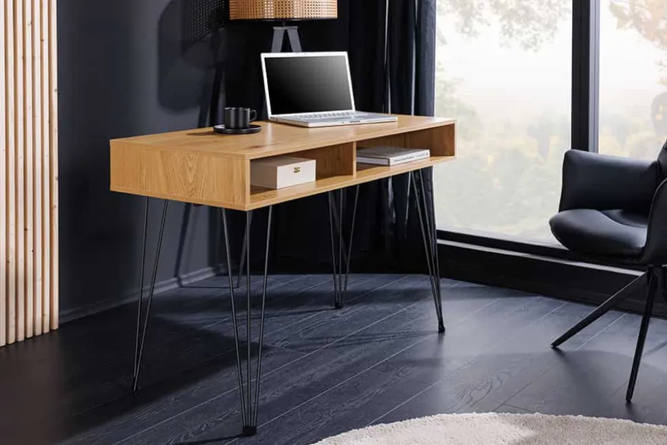 Industrial Schreibtisch STUDIO 110cm natur Eiche Laptoptisch Hairpin Legs Stauraum