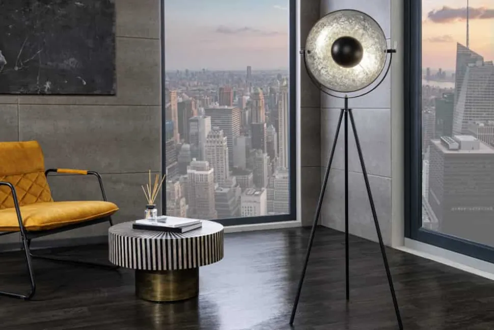 Industrial Stehlampe STUDIO 150cm schwarz Blattsilber-Optik neigbarer Schirm