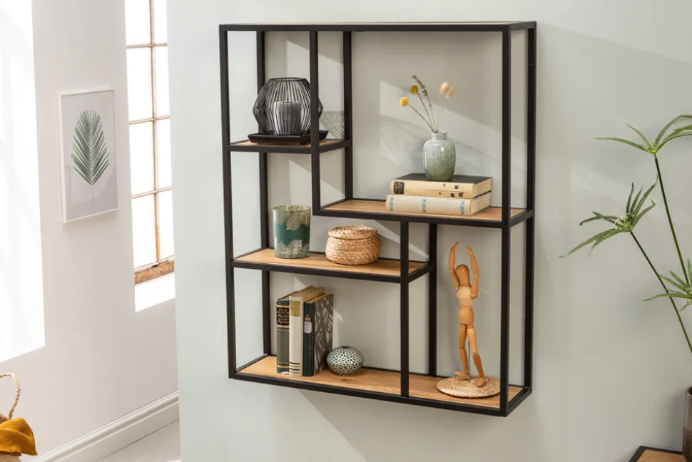 Industrial Wandregal SLIM LINE 90cm Wildeiche schwarz fünf Regalböden