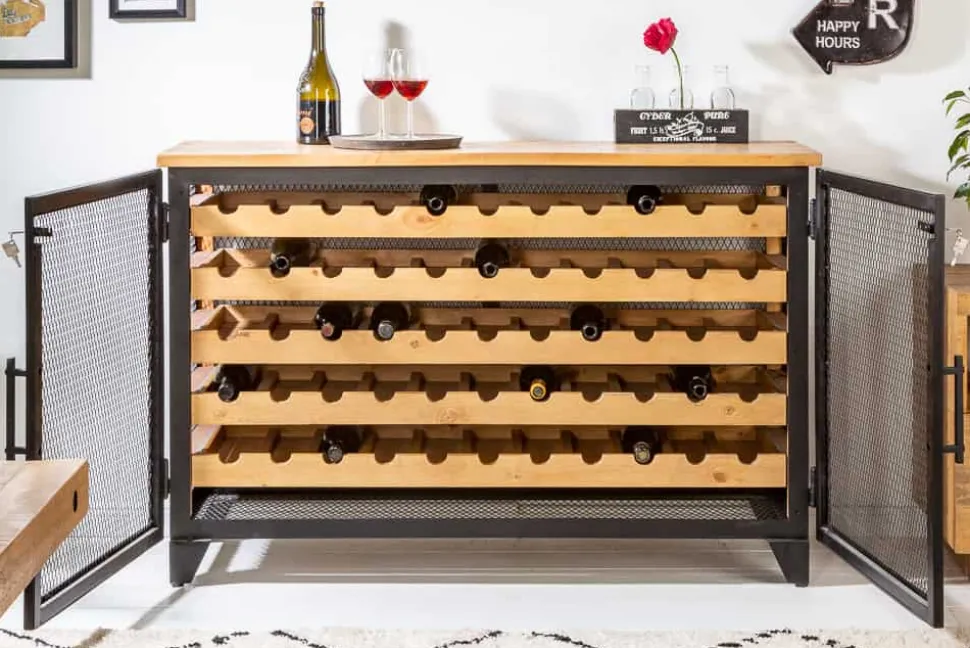 Industrial Weinschrank BODEGA 130cm recyceltes Pinienholz natur Weinregal für 55 Flaschen