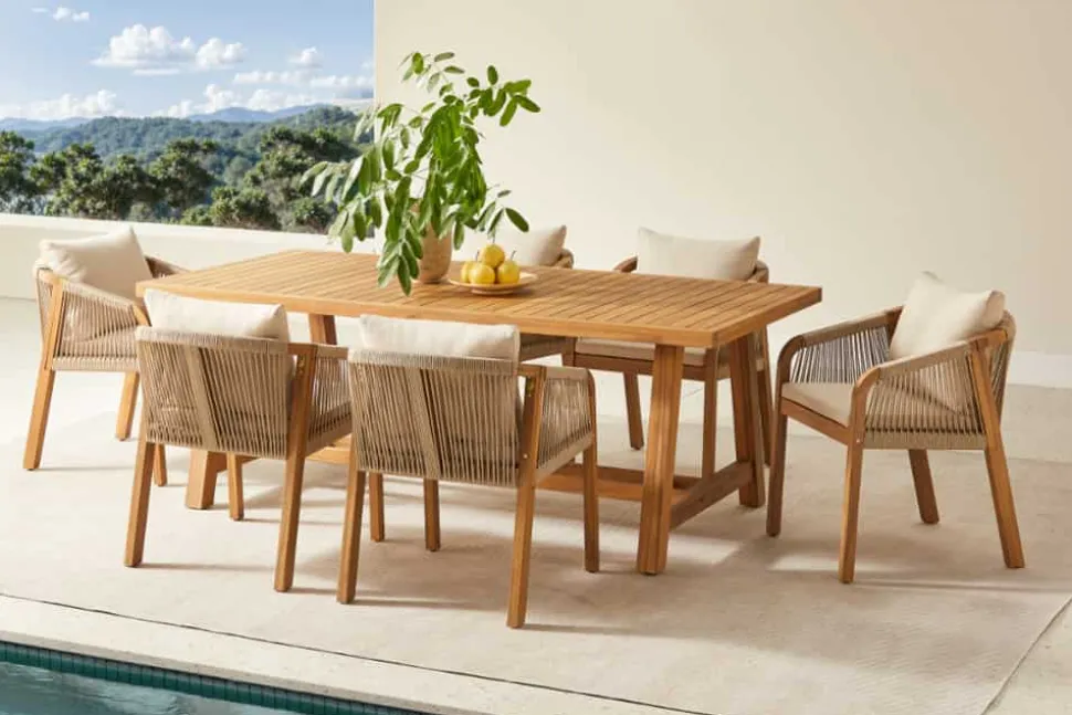 In- und Outdoor Gartenstuhl BALI ROPE natur beige Akazie wetterfest mit Armlehne Kissen