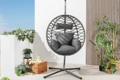 In- und Outdoor Hängesessel IBIZA anthrazit Rattan mit Gestell wetterfest inkl. Kissen