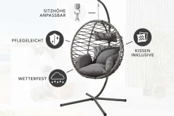 In- und Outdoor Hängesessel IBIZA anthrazit Rattan mit Gestell wetterfest inkl. Kissen