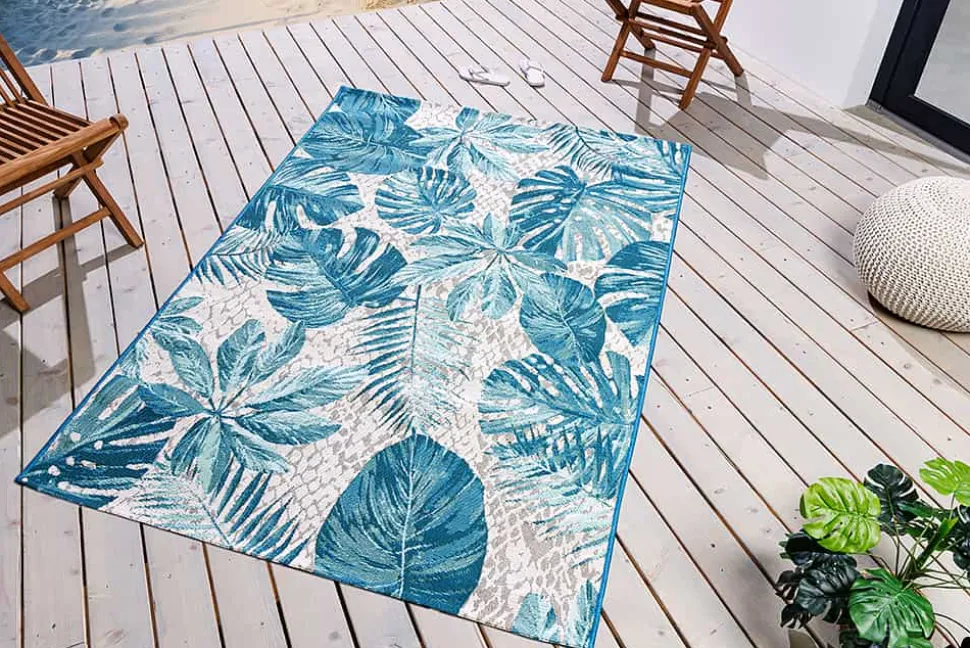 In- und Outdoor Teppich LEAF 175x120cm türkis weiß Blätter-Design Läufer wetterfest