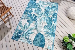 In- und Outdoor Teppich LEAF 175x120cm türkis weiß Blätter-Design Läufer wetterfest
