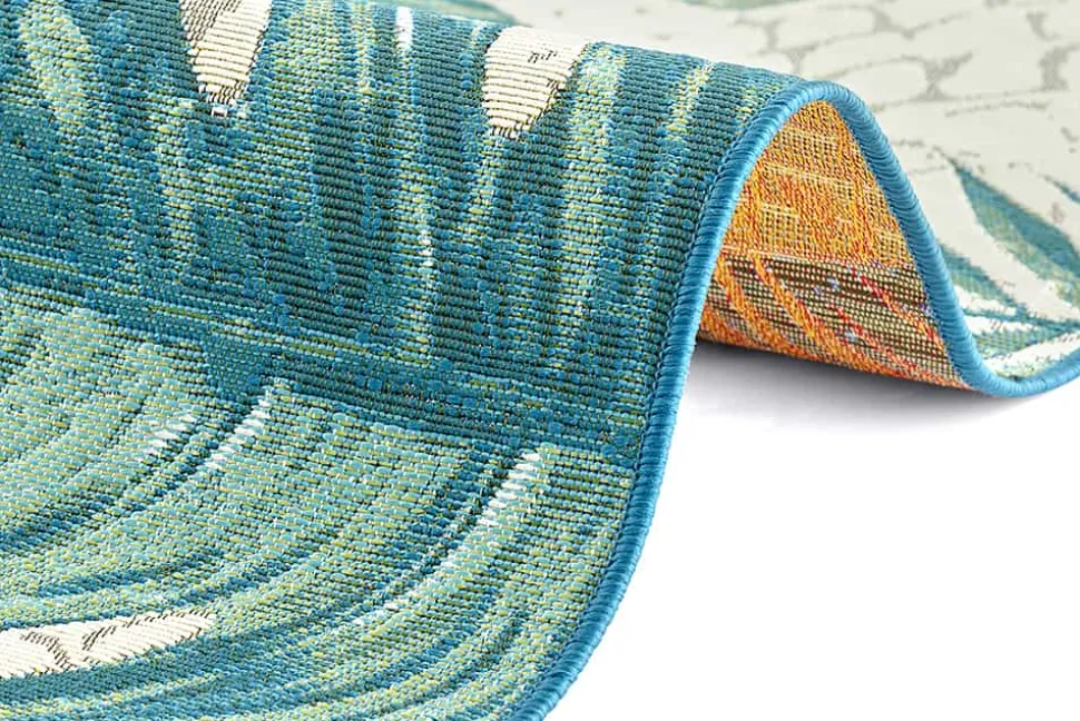 In- und Outdoor Teppich LEAF 175x120cm türkis weiß Blätter-Design Läufer wetterfest