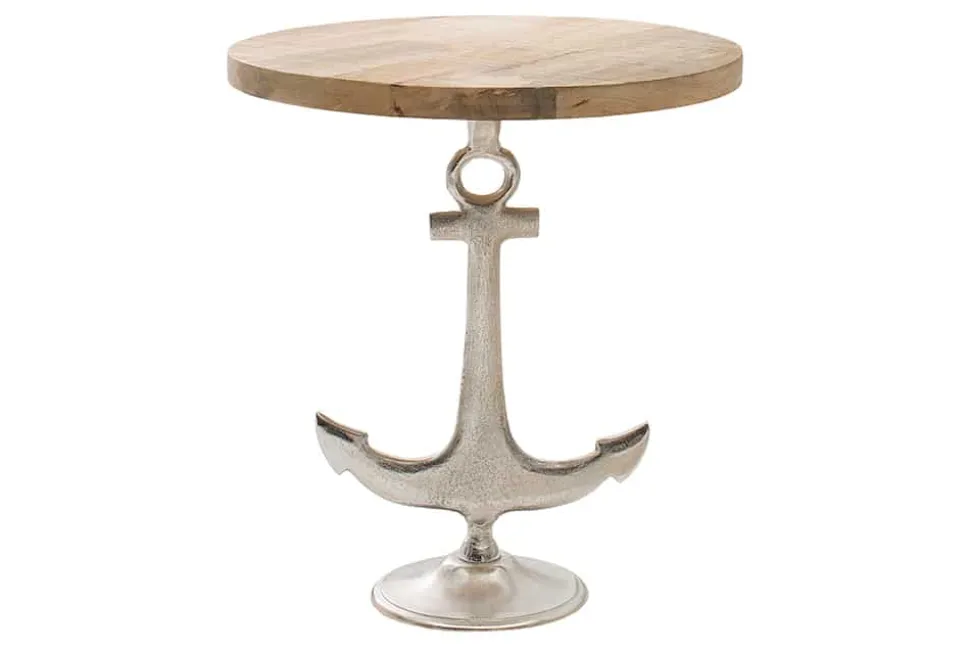 Maritimer Beistelltisch SEVEN SEAS 50cm silber Anker-Design rund Mangoholz Metall