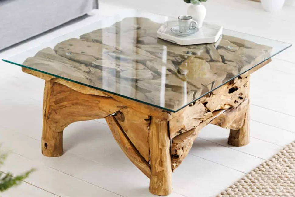 Maritimer Couchtisch RIVERSIDE 80cm natur Teakholz massiv Glasplatte Handarbeit