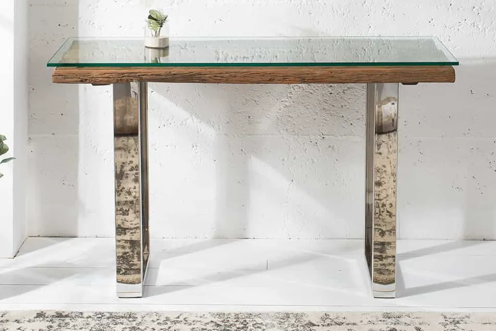 Massive Konsole BARRACUDA 120cm Teak mit Stahl Kufenfüßen inkl. Glasplatte