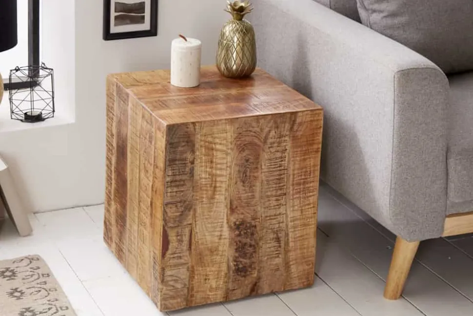 Massiver Beistelltisch FACTORY 45cm natur Mangoholz geflammt auf Rollen