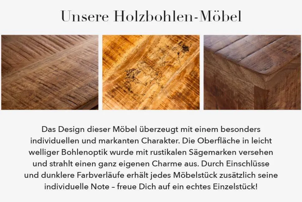 Massiver Couchtisch IRON CRAFT 100cm Mangoholz mit Schublade schwarzes Metallgestell