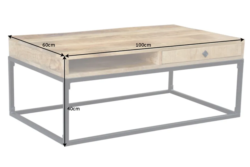 Massiver Couchtisch IRON CRAFT 100cm Mangoholz mit Schublade schwarzes Metallgestell