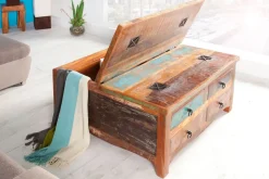Massiver Couchtisch JAKARTA 70cm bunt Truhe aus recycelten Fischerbooten Holz mit Schubladen