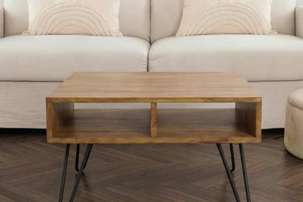 Massiver Couchtisch SCORPION 60cm braun honey finish Mangoholz mit Hairpin Legs