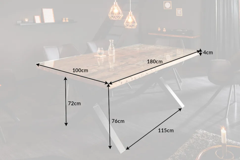 Massiver Esstisch BARRACUDA 180cm Teakholz inkl. Glasplatte mit X-Gestell