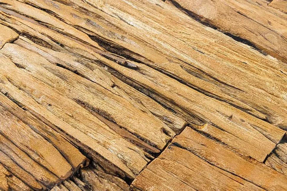 Massiver Esstisch BARRACUDA 220cm braun Teakholz silber Sterngestell Glasplatte