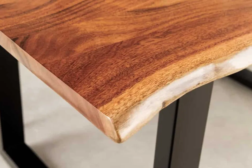 Massiver Esstisch LIQUID 160cm braun Akazienholz Baumkante schwarz Eisen blau