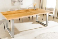 Massiver Esstisch WILD OAK 200cm natur silber Wildeiche Baumkante Edelstahl U-Gestell