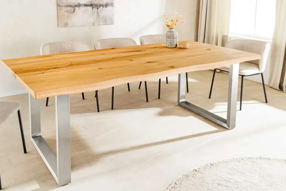 Massiver Esstisch WILD OAK 160cm natur silber Wildeiche Baumkante Edelstahl U-Gestell