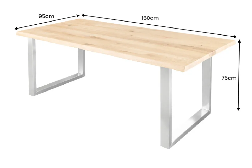 Massiver Esstisch WILD OAK 160cm natur silber Wildeiche Baumkante Edelstahl U-Gestell
