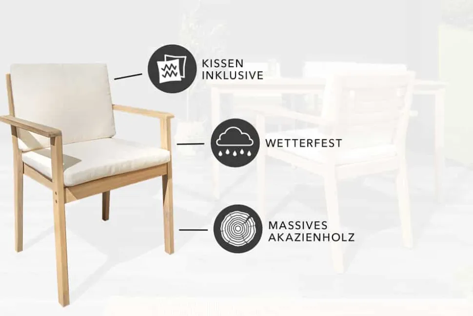 Massiver Gartenstuhl KOPENHAGEN natur Akazienholz beige Outdoor inkl. Kissen