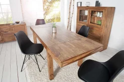 Massiver Holz Esstisch PURE 120-200cm braun Sheesham stone finish mit Ansteckplatten