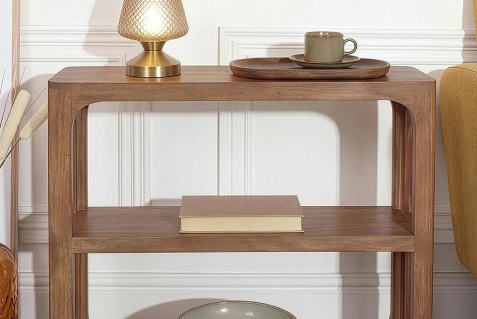 Massiver Konsolentisch ELEMENTS 90cm braun honey finish Mangoholz Regal