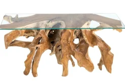 Massiver Konsolentisch ROOT 150cm natur Teak Massivholz aus Wurzelholz Glasplatte