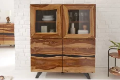 Massives Highboard AMAZONAS 140cm braun Sheeshamholz Vitrine mit Baumkante