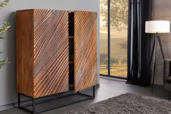 Massives Highboard ART 120cm braun Mangoholz 3D-Design schwarz Metall