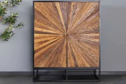Massives Highboard BARRACUDA 120cm braun Mangoholz mit Teakholz-Front schwarz Metall