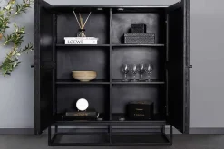 Massives Highboard BARRACUDA 120cm braun Mangoholz mit Teakholz-Front schwarz Metall