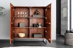 Massives Highboard DUNE 120cm walnuss-braun Akazienholz 3D-Design schwarz Metall