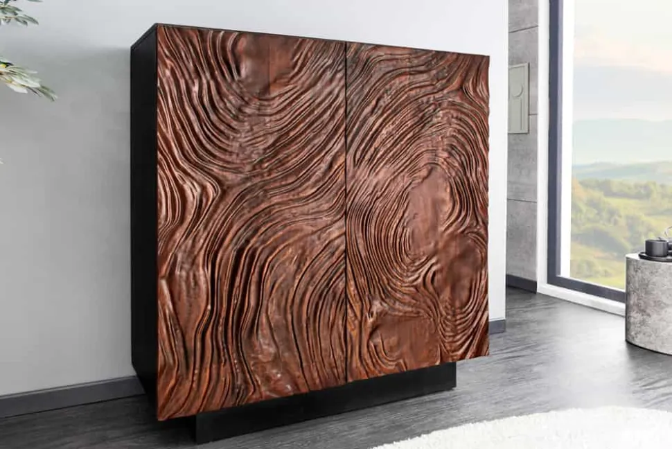 Massives Highboard FLUID 110cm walnuss-braun Akazienholz aufwendiges 3D-Design