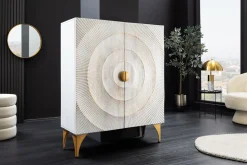 Massives Highboard GOLDEN SUNSET 120cm weiß gold Mangoholz mit 3D Schnitzereien