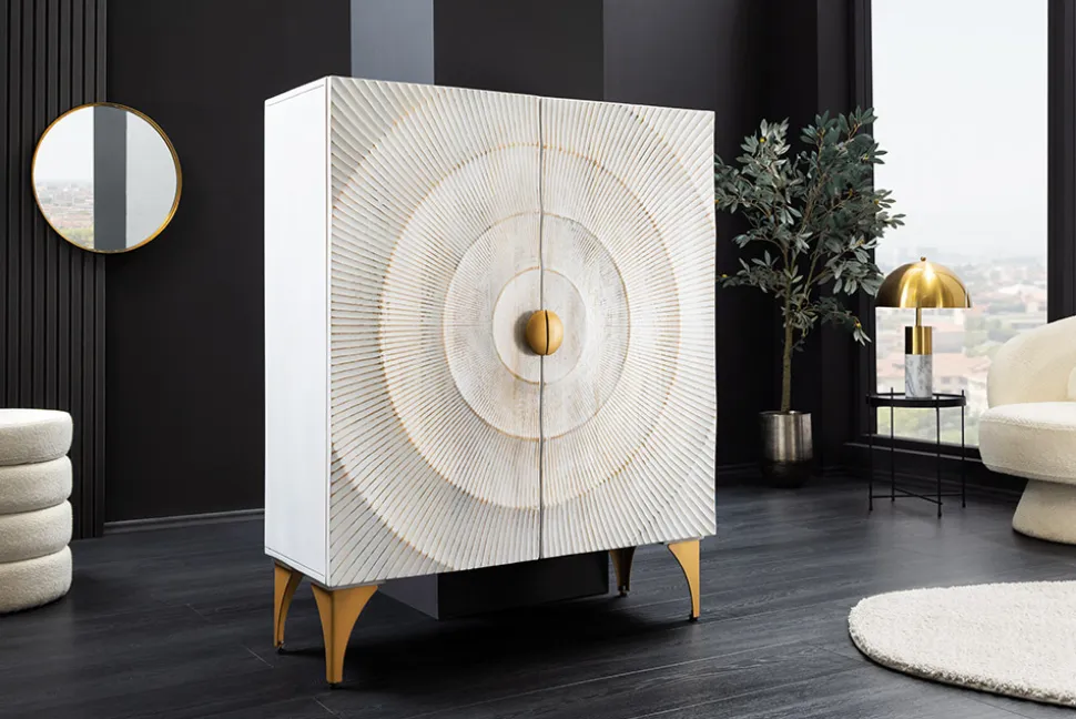 Massives Highboard GOLDEN SUNSET 120cm weiß gold Mangoholz mit 3D Schnitzereien