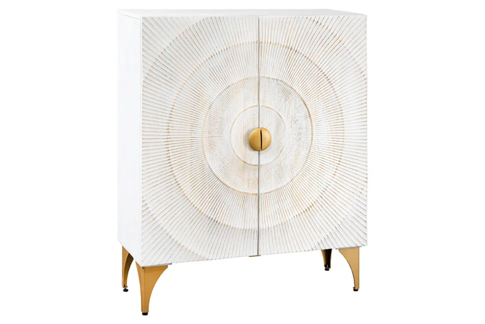 Massives Highboard GOLDEN SUNSET 120cm weiß gold Mangoholz mit 3D Schnitzereien