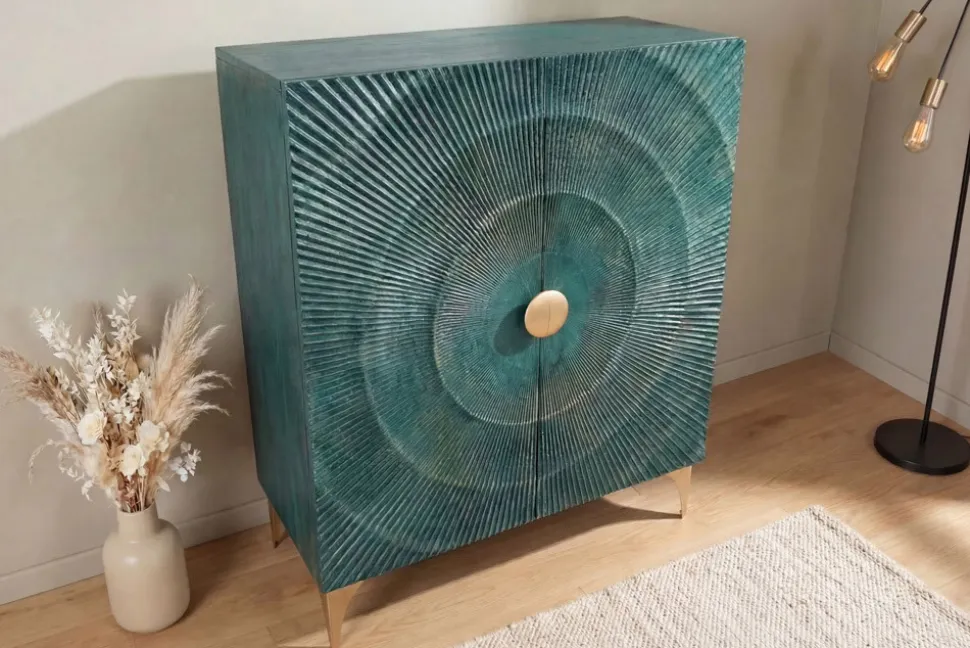 Massives Highboard GOLDEN SUNSET 120cm türkis gold Mangoholz mit 3D Schnitzereien