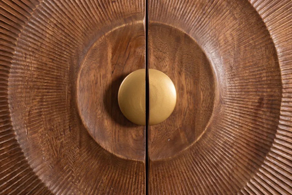 Massives Highboard GOLDEN SUNSET 120cm braun gold Mangoholz mit 3D Schnitzereien