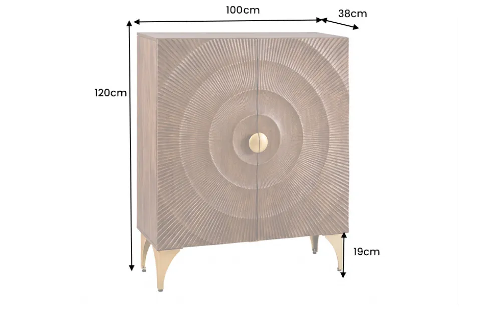 Massives Highboard GOLDEN SUNSET 120cm braun gold Mangoholz mit 3D Schnitzereien