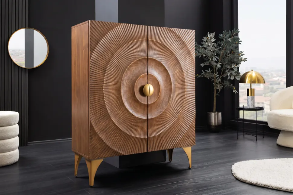 Massives Highboard GOLDEN SUNSET 120cm braun gold Mangoholz mit 3D Schnitzereien