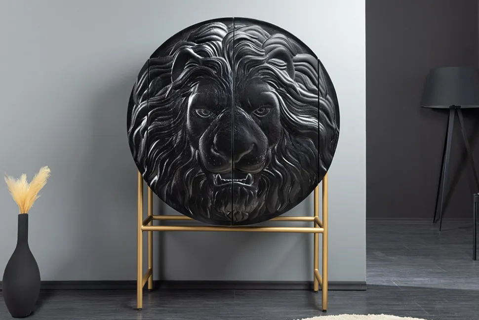 Massives Highboard LION 140cm schwarz gold Mangoholz 3D Schnitzereien Kunstwerk