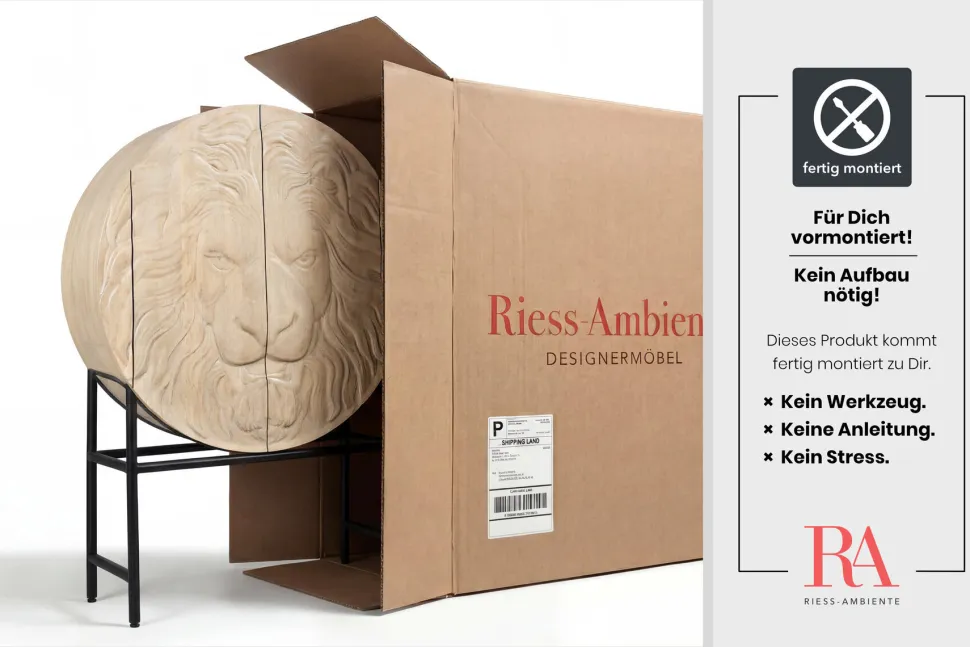 Massives Highboard LION 140cm weiß Mangoholz Metall 3D Schnitzereien Kunstwerk